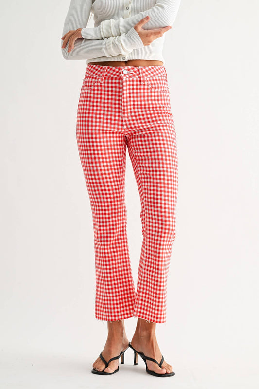 High Rise Red Gingham Cropped Flare Jeans