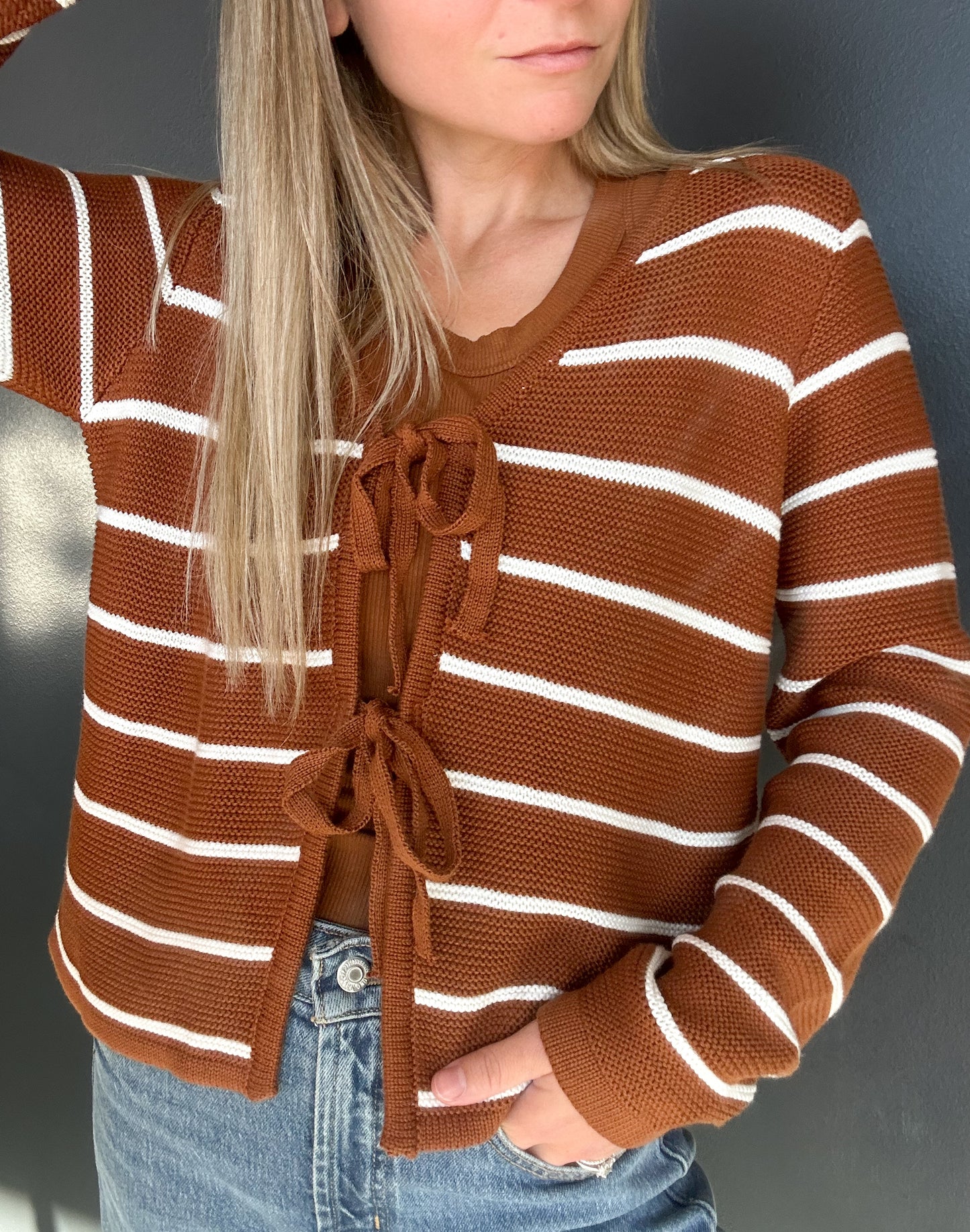 Tie Front Striped Knit Cardigan Sweater