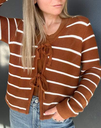 Tie Front Striped Knit Cardigan Sweater