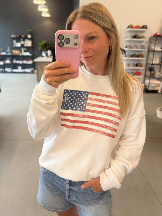 Vintage American Flag White Sweatshirt