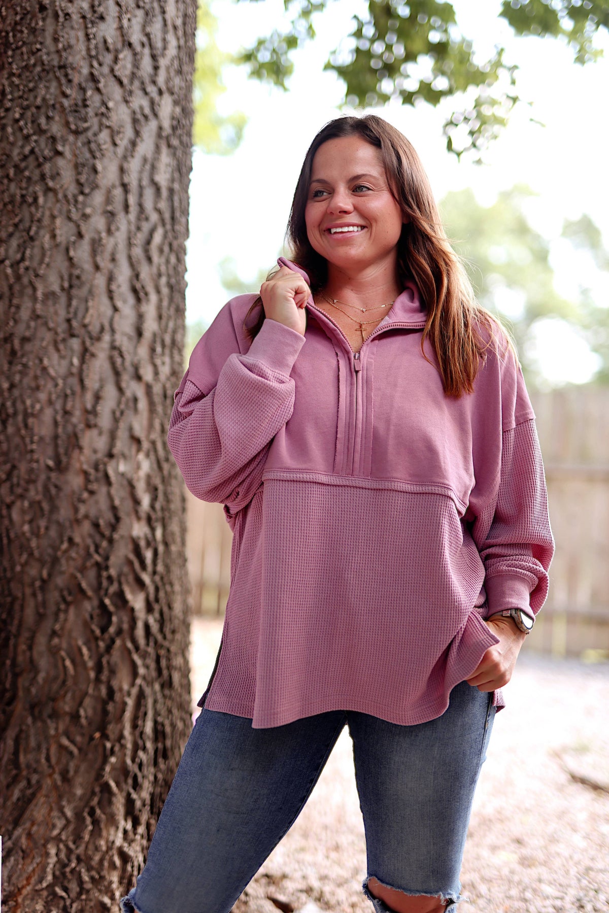 Dusty Rose Waffle Oversized Quarter-Zip Pullover