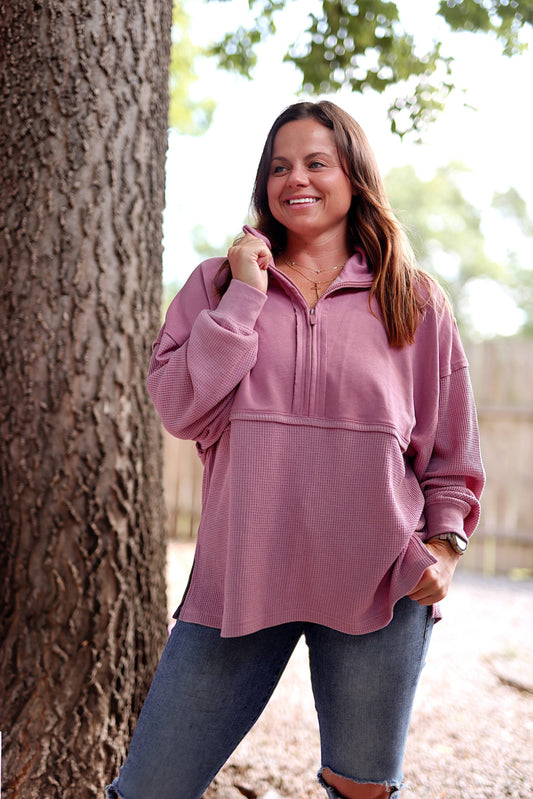 Dusty Rose Waffle Oversized Quarter-Zip Pullover