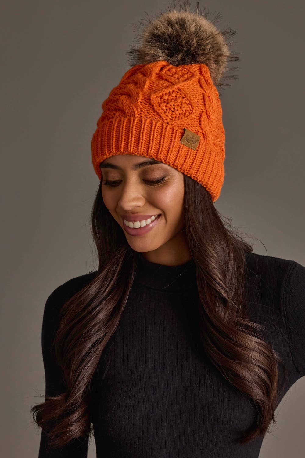 Orange Cable Knit Beanie Pom Hat