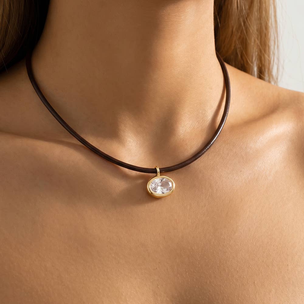 Oval Bezel Cz Cord Pendant Necklace