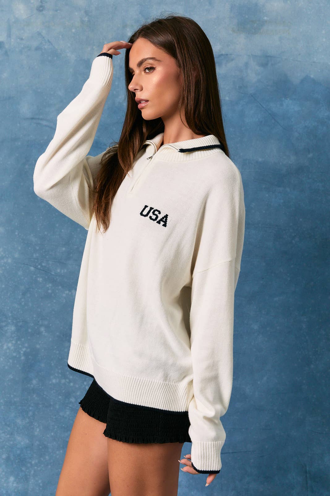 USA Flag Knit Quarter Zip Sweater