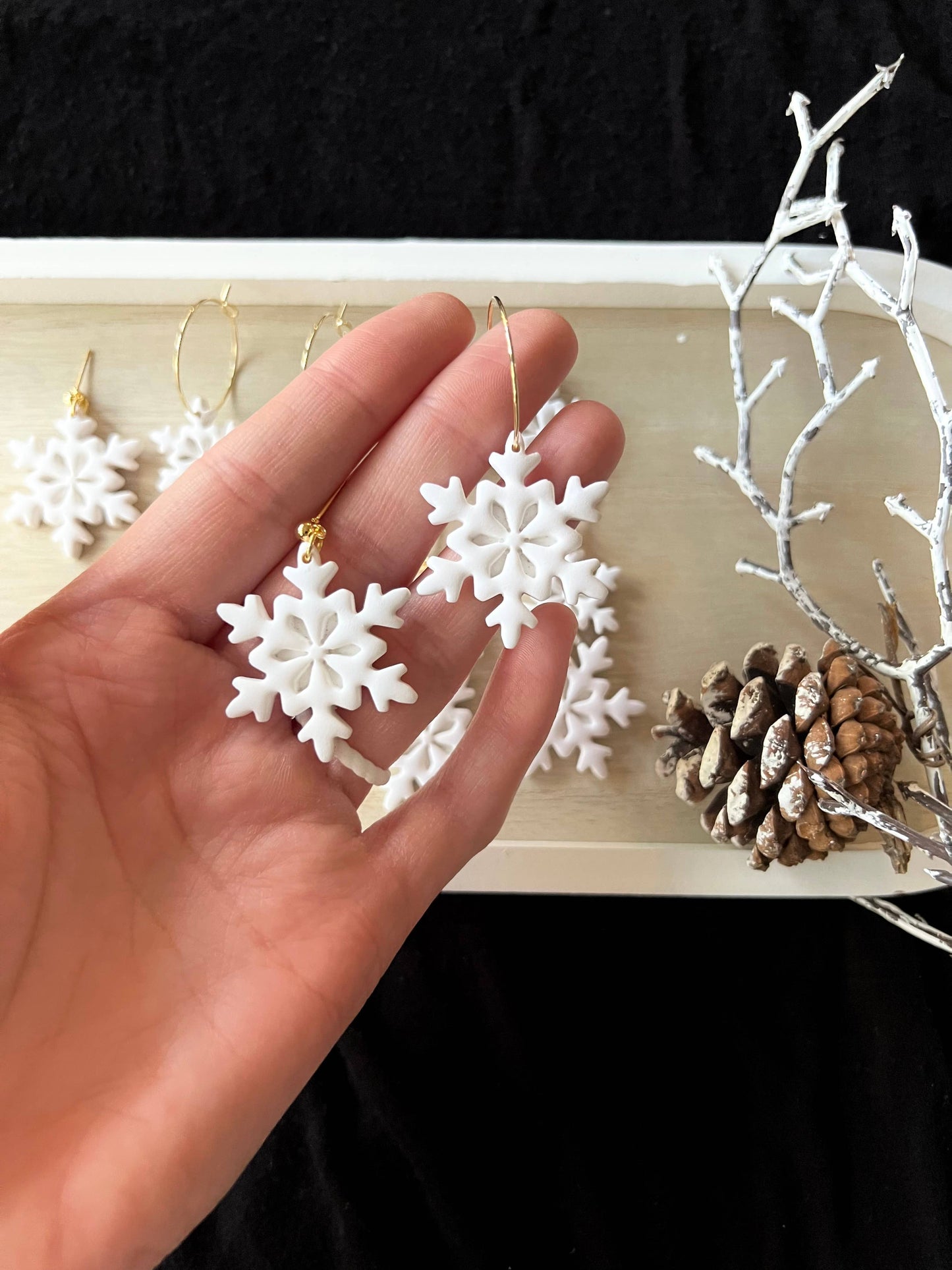 Snowflake Hoop Clay Earrings