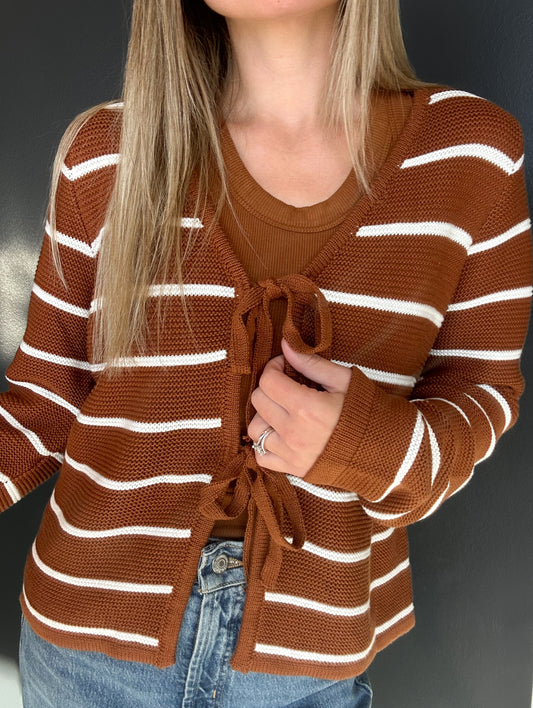 Tie Front Striped Knit Cardigan Sweater