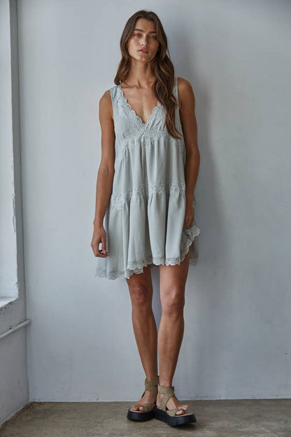 Lace V-Neck Sleeveless Mini Dress