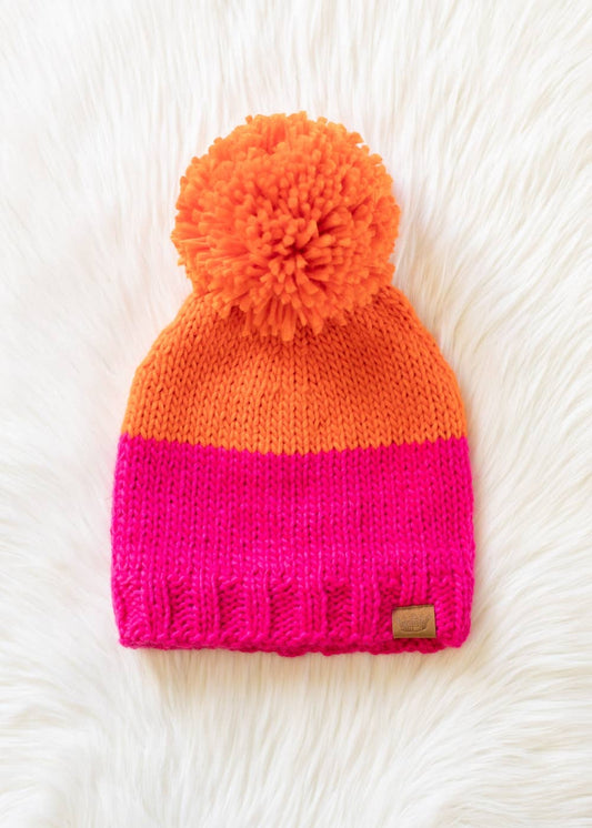 Orange & Pink Color Block Pom Hat