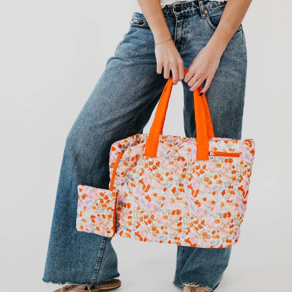 Orange Floral Orange Floral Puffer Quilted Tote Bag With Pouch