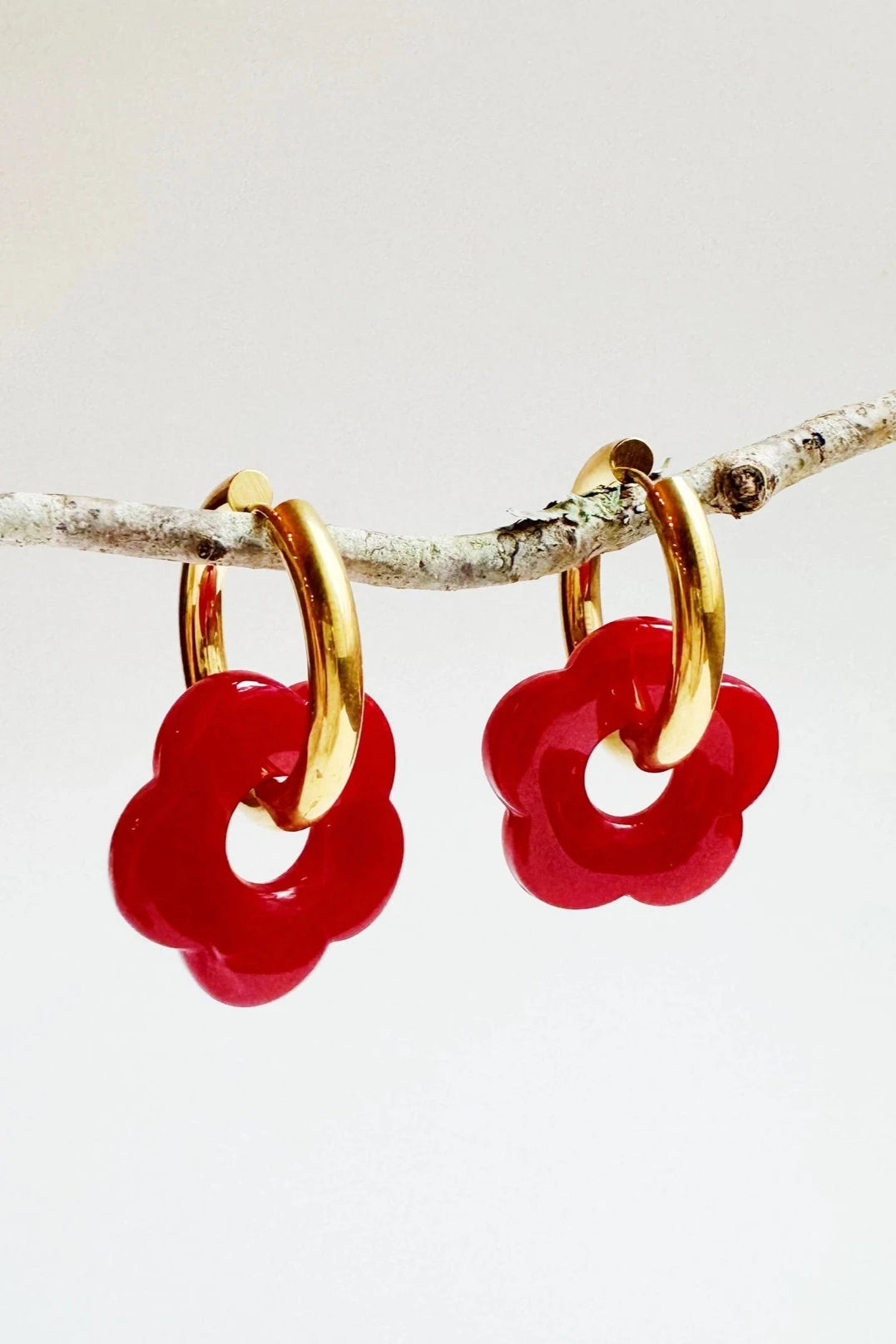 Red Daisy Drop Hoop Earrings