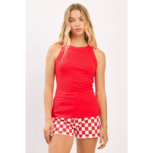 Red Rib Knit Round Neck Tank Top