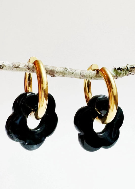 Black Daisy Drop Hoop Earrings