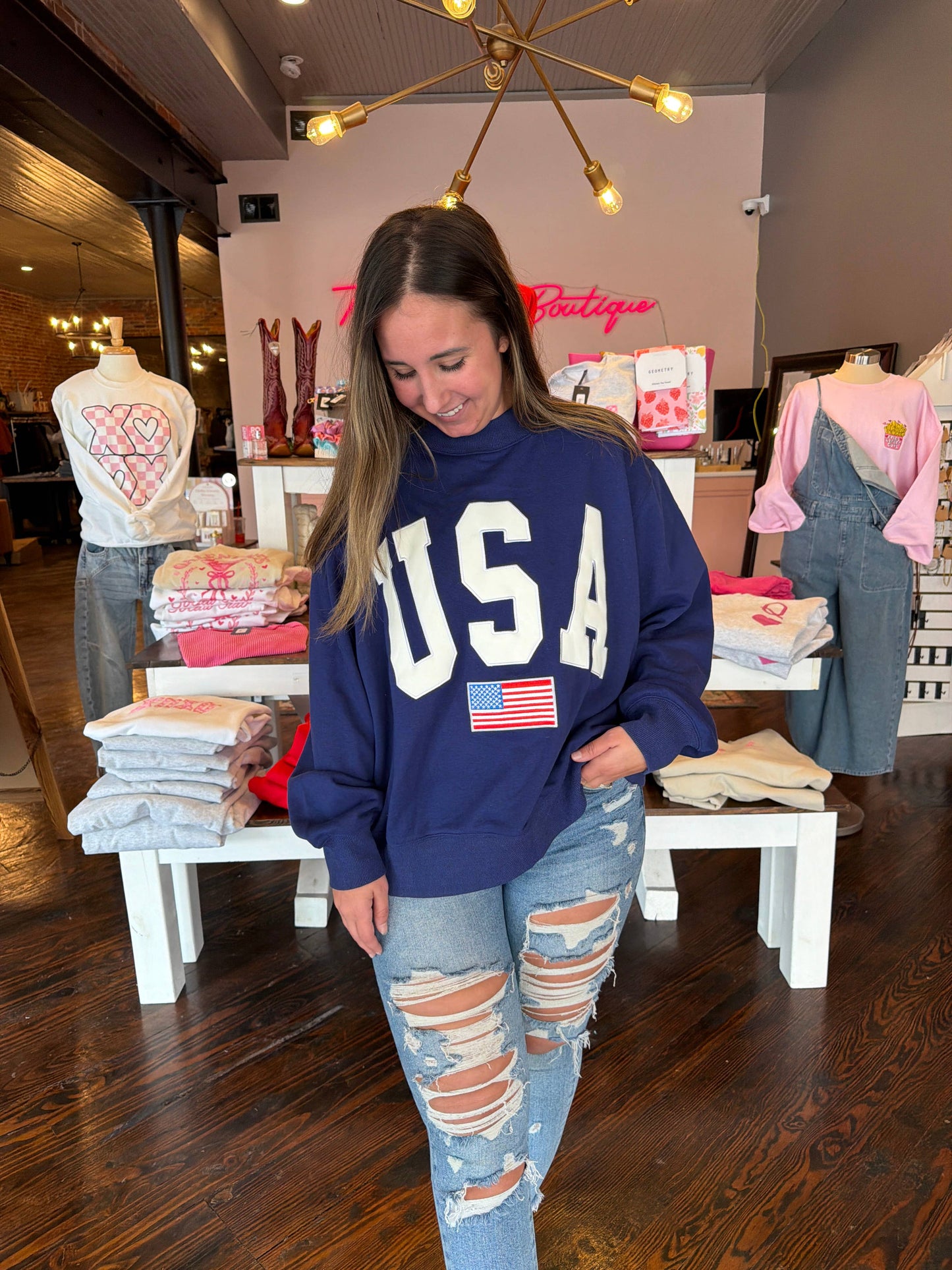 Navy USA Embroidered Mockneck Sweatshirt