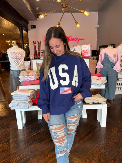 Navy USA Embroidered Mockneck Sweatshirt