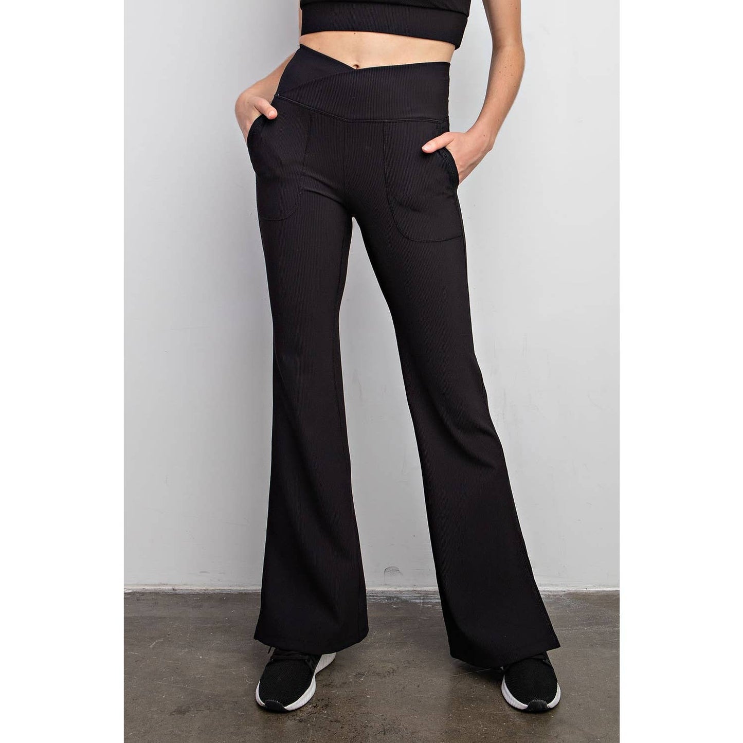 Black Nylon Rib V Waist Flared Leggings