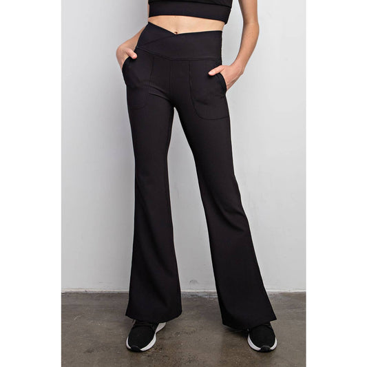 Black Nylon Rib V Waist Flared Leggings