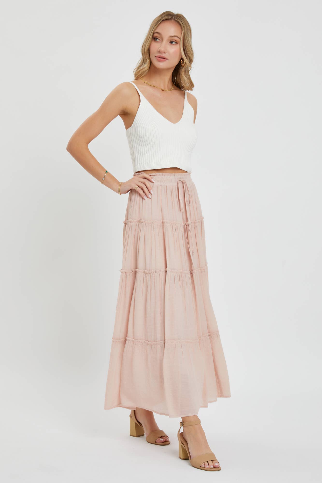 Nude Blush Tiered Maxi Skirt