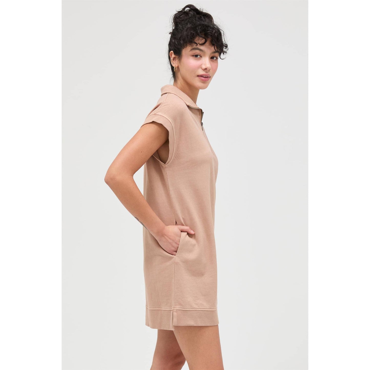 Half Zip Up Mock Neck Mini Dress: DARK TAUPE