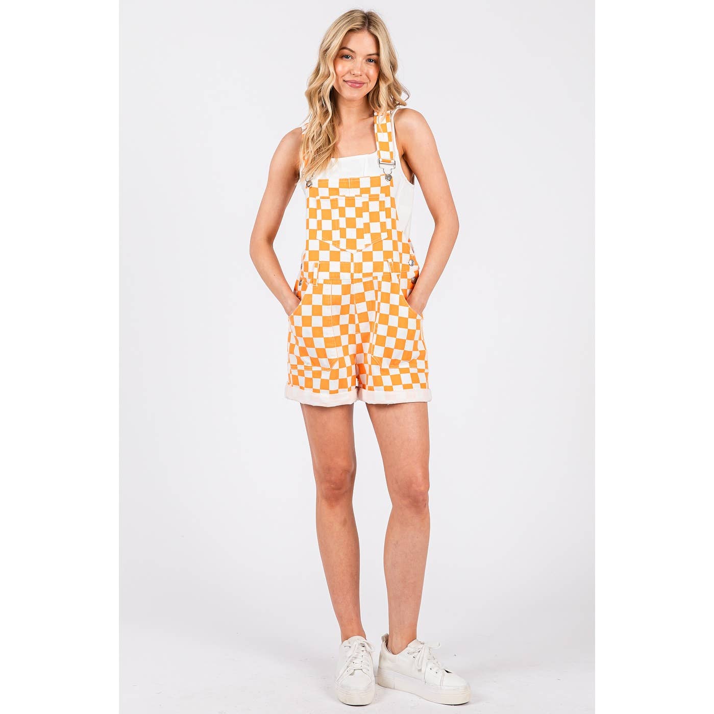 Orange Checkered Romper Bib Overalls