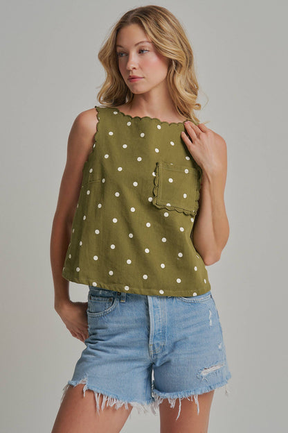 Polka Dot Twill Top with Pocket