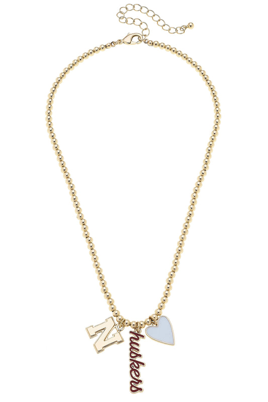 Nebraska Huskers Ball Bead Charm Necklace in Shiny Gold