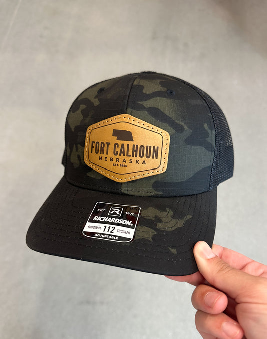 Black Camo Fort Calhoun Hex Leather Patch Trucker Hat