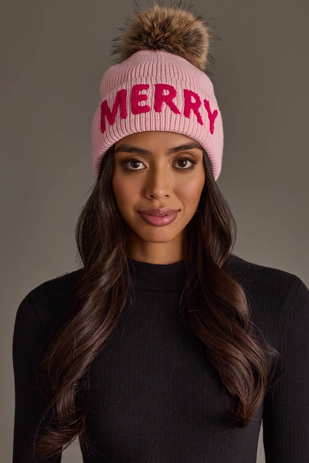 Pink Merry Knit Beanie Pom Hat