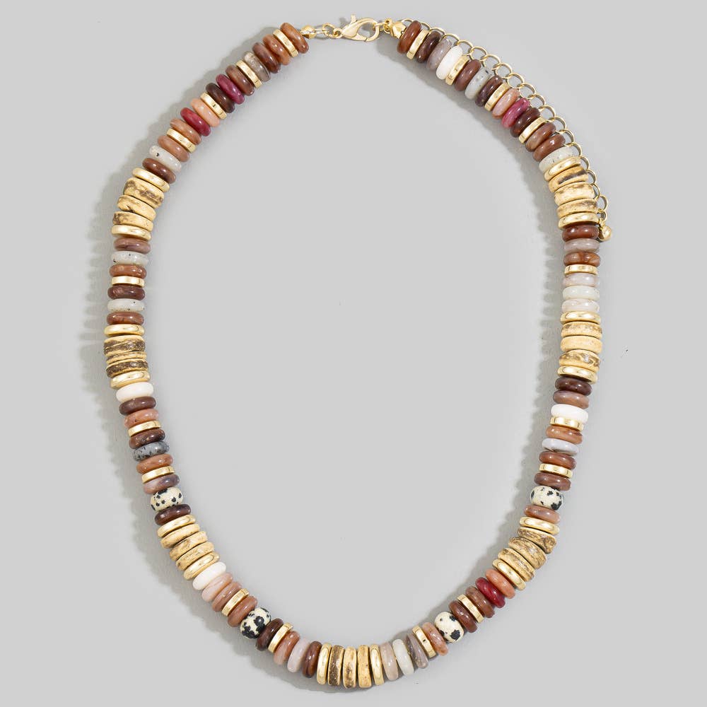Wood And Stone Disc Bead Statement Necklace