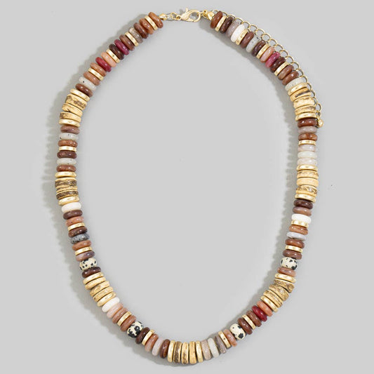 Wood And Stone Disc Bead Statement Necklace