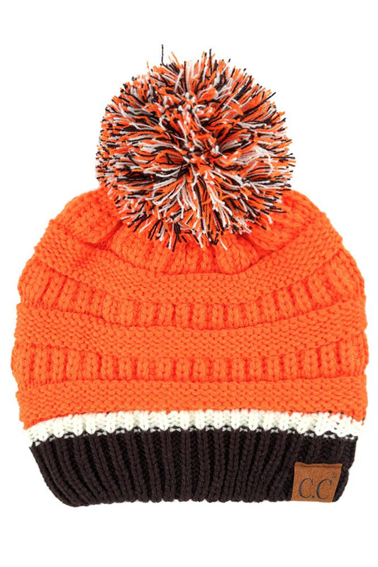 Orange Black Ribbed Beanie with Pom Beanie