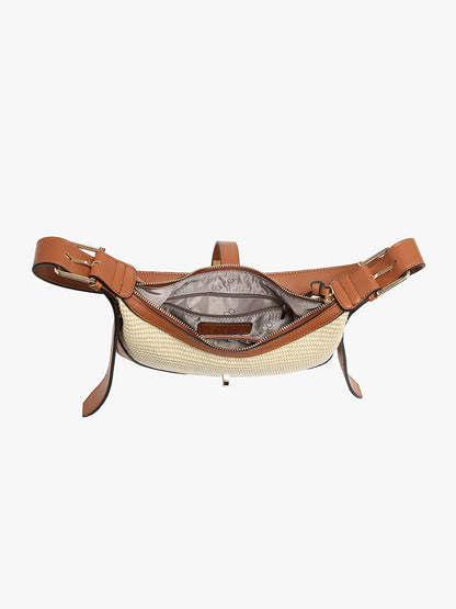 Straw Shoulder Bag w/ Top Zip & Twist-Lock Closure: Natural/Brown