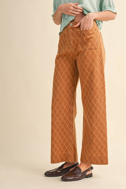 High Waist Diamond Texture Wide Leg Pants