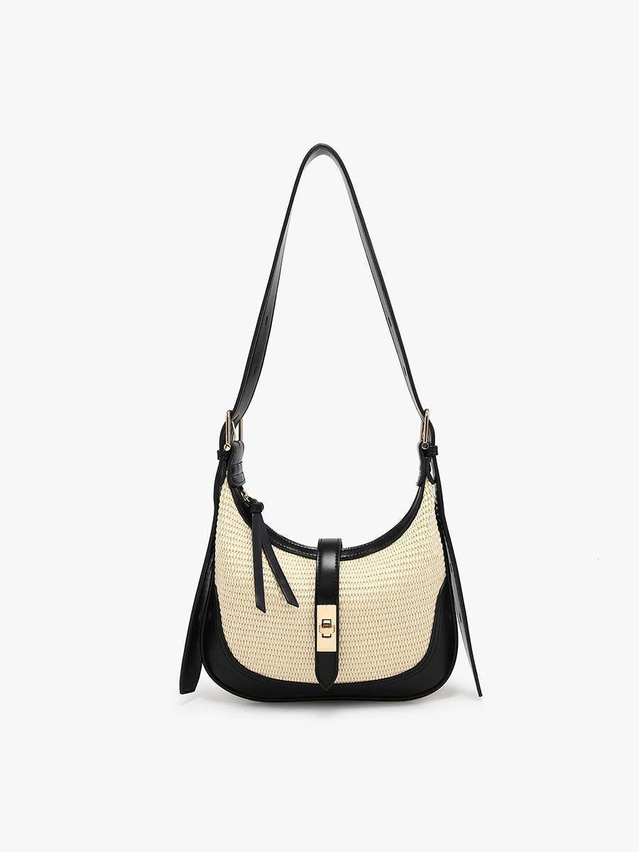 Straw Shoulder Bag w/ Top Zip & Twist-Lock Closure: Natural/Black