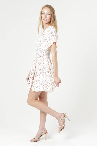 Floral V-Neck Smocked Lace Trim Dress