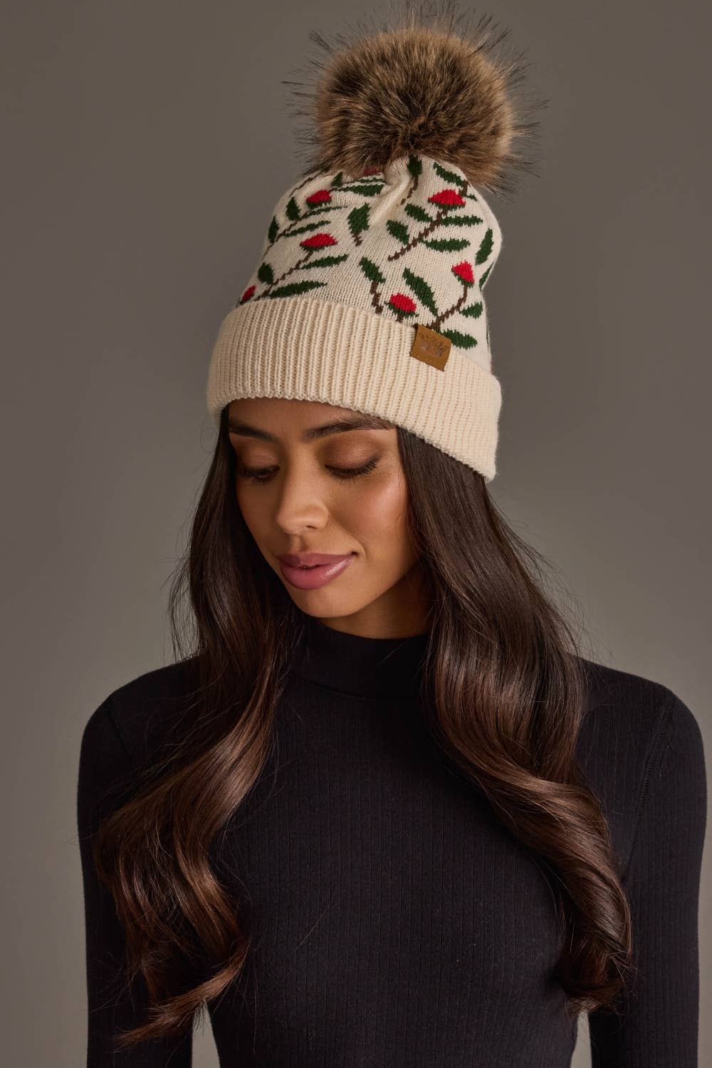 Holly Pattern Knit Beanie Pom Hat