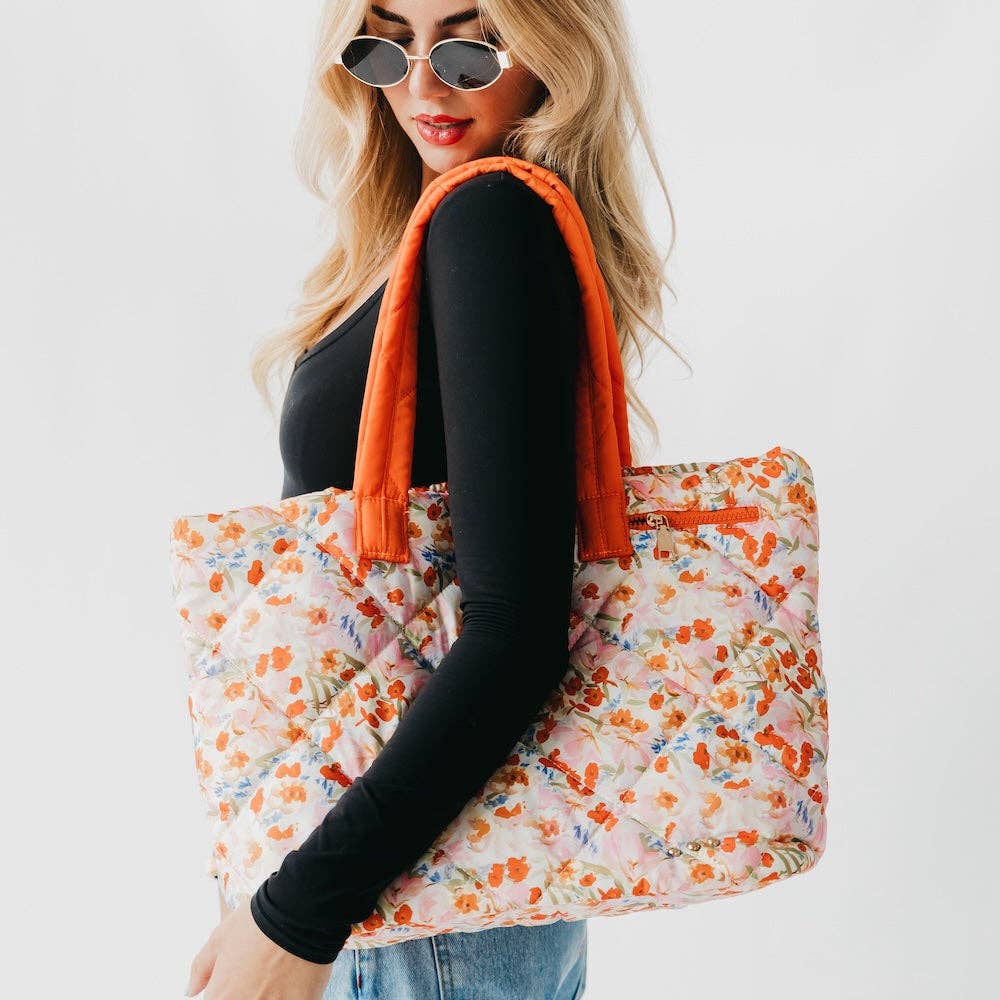 Orange Floral Orange Floral Puffer Quilted Tote Bag With Pouch