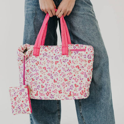 Pink Floral Puffer Quilted Tote Bag With Pouch
