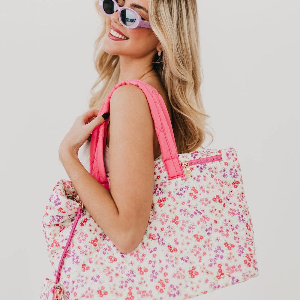 Pink Floral Puffer Quilted Tote Bag With Pouch