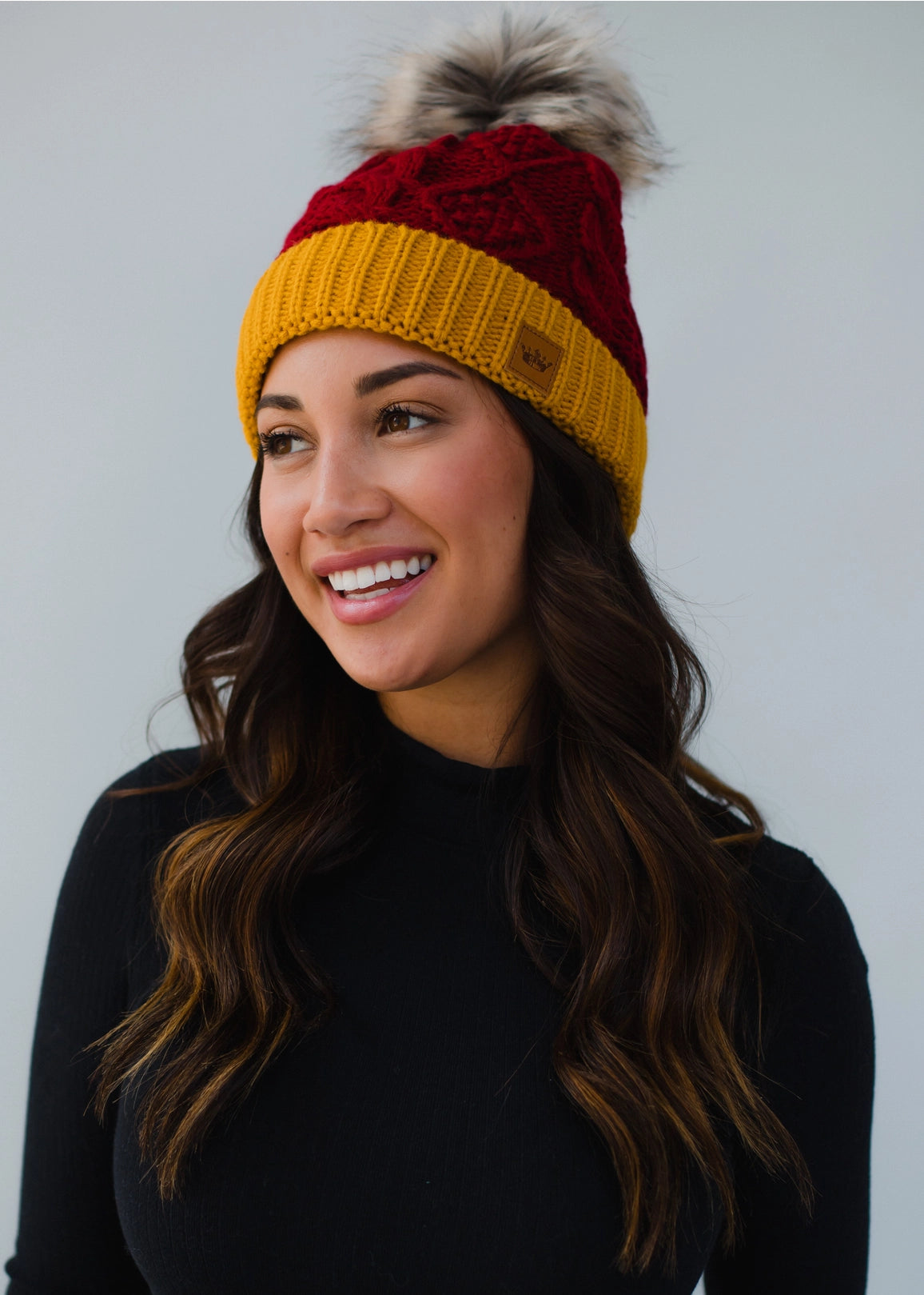 Red & Gold Cable Knit Pom Hat