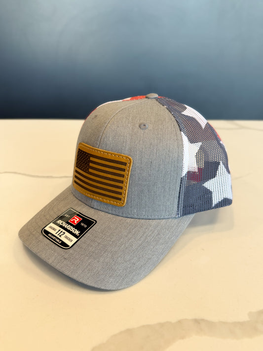 American Flag Leather Patch Trucker Hat: RWB