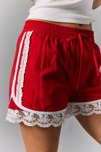 Red Lace Trim Track Shorts
