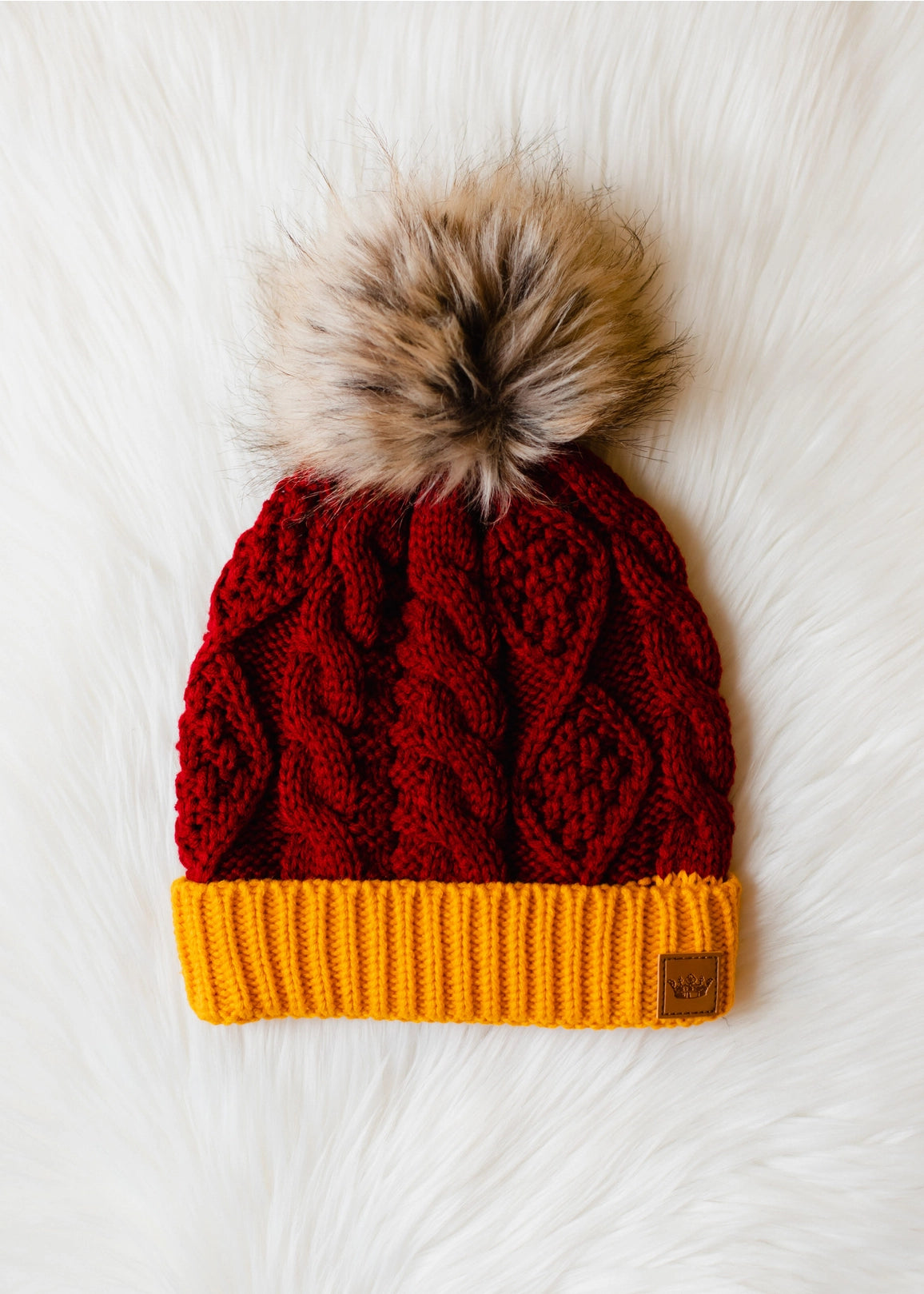 Red & Gold Cable Knit Pom Hat