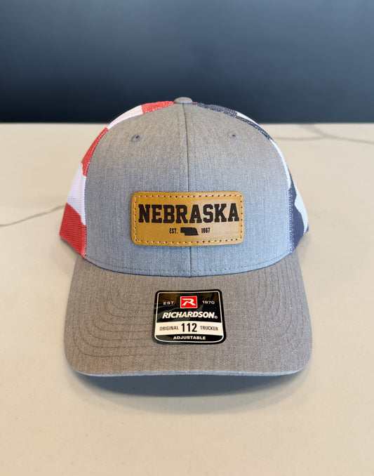 Nebraska American Flag Leather Patch Trucker Hat