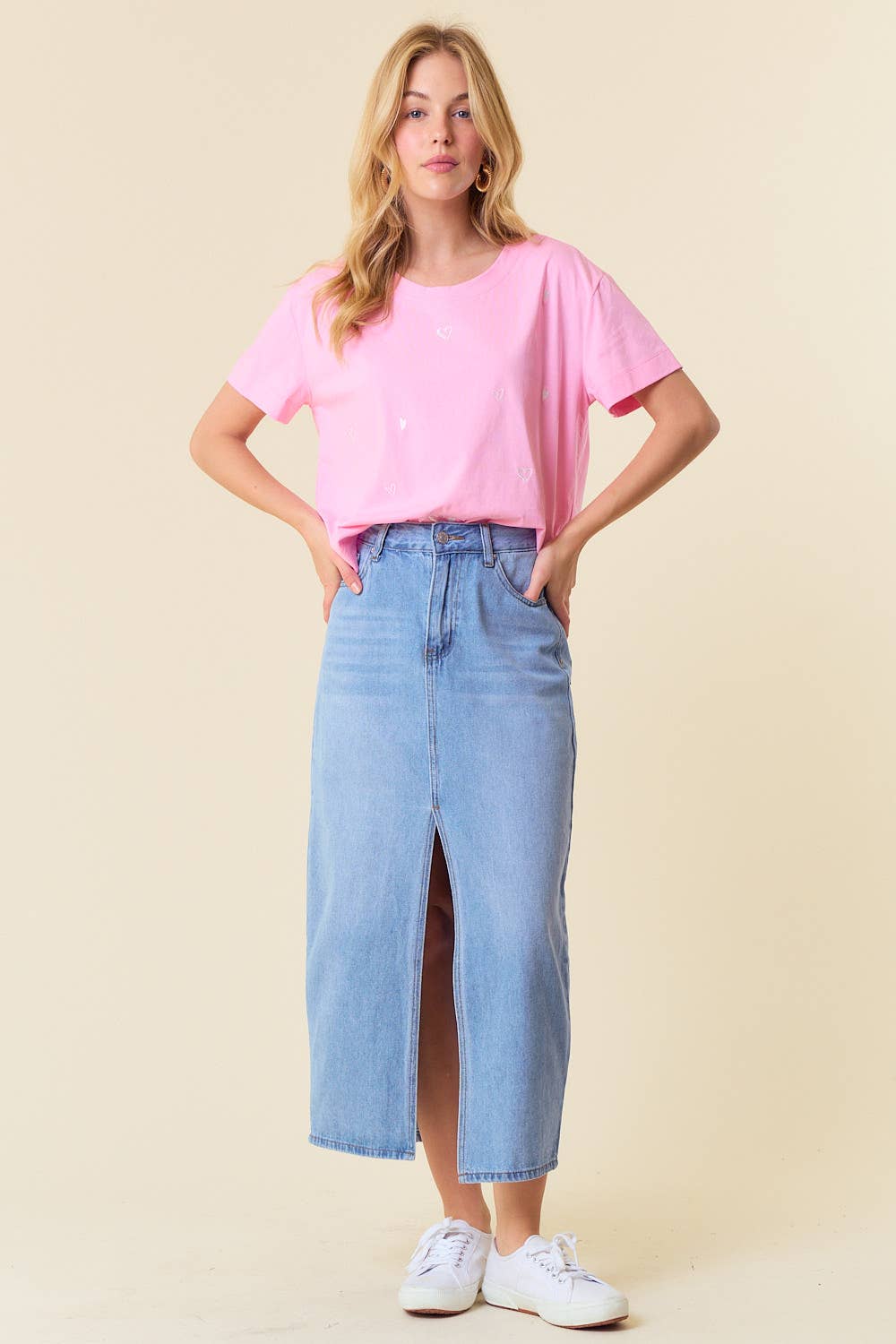 Heart Embroidered Relaxed Crop T-Shirt