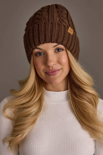 Brown Cable Knit Beanie Hat
