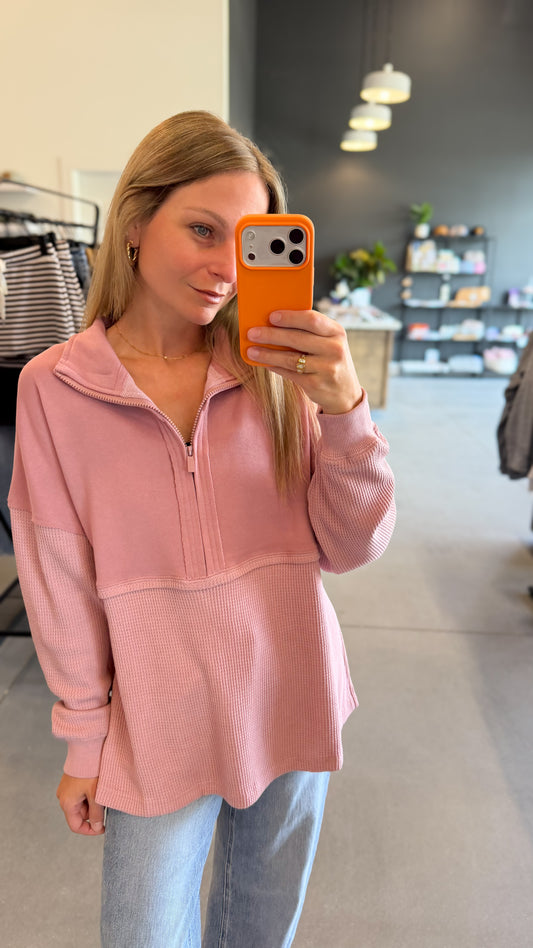 Dusty Rose Waffle Oversized Quarter-Zip Pullover
