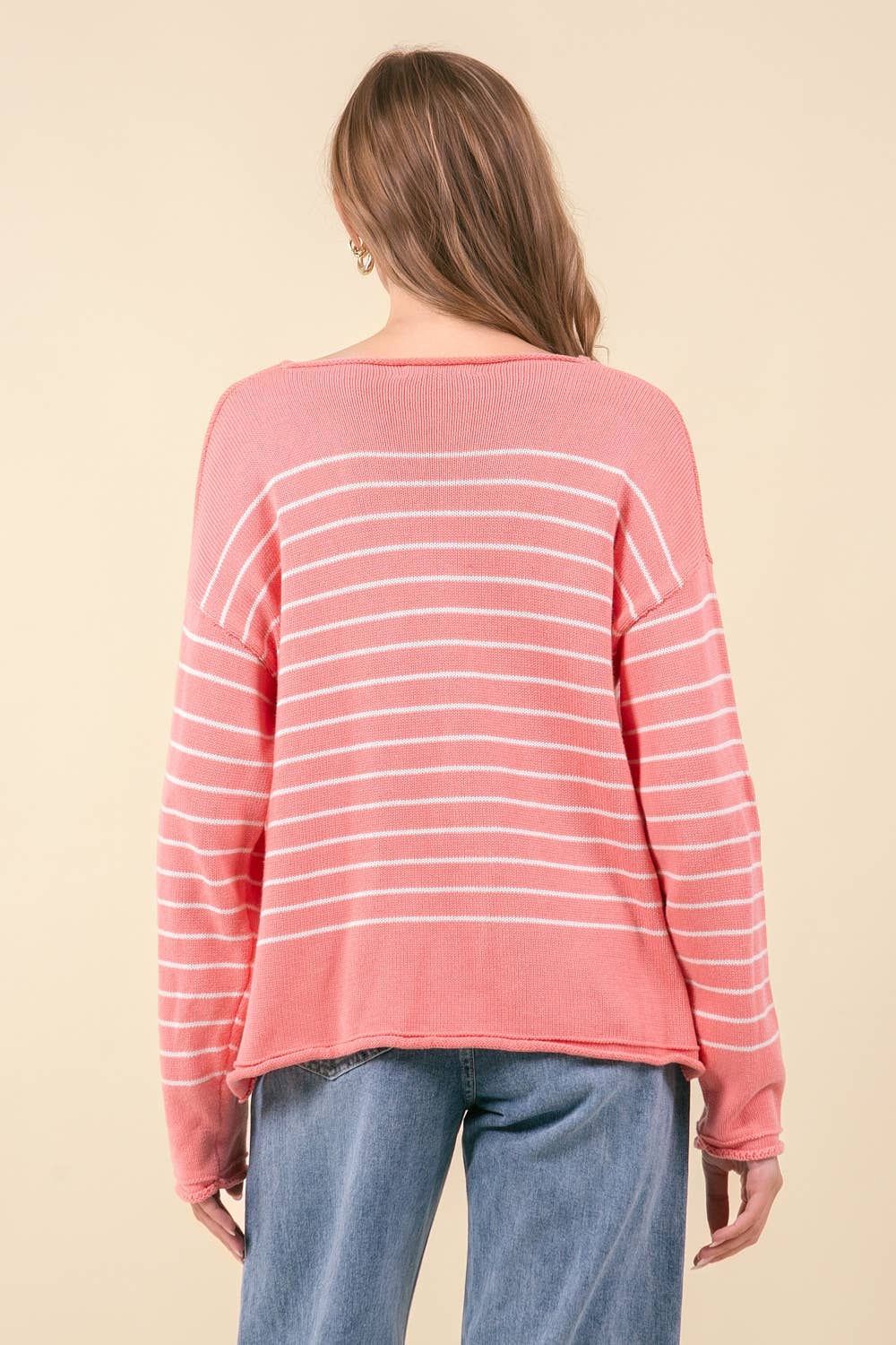 Pink Scoop Neck Striped Sweater