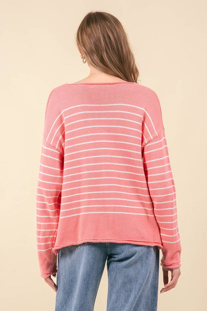 Pink Scoop Neck Striped Sweater