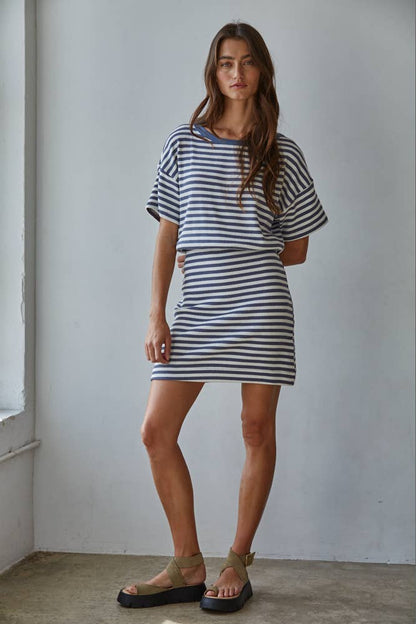Blue Knit Cotton Striped Ribbed Short Sleeve Dress